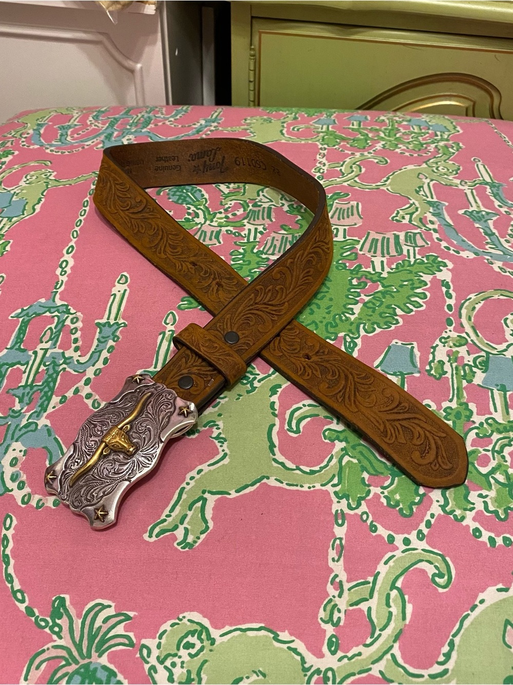 Tony Lama kids brown tooled Leather Belt with Texas Longhorn buckle size 22